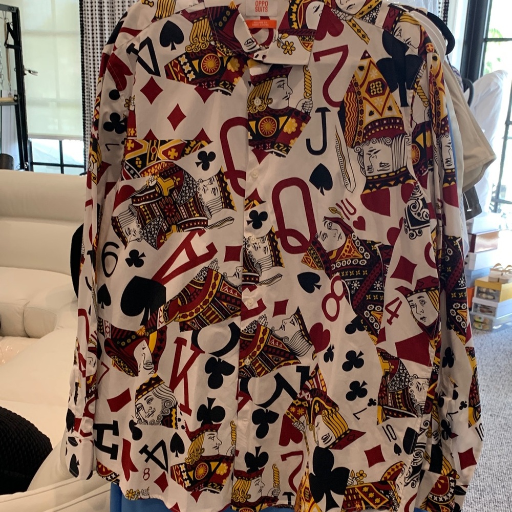 OPPO SUITS Bold Button-Up Shirt in White, Red & Yellow. 2 XL